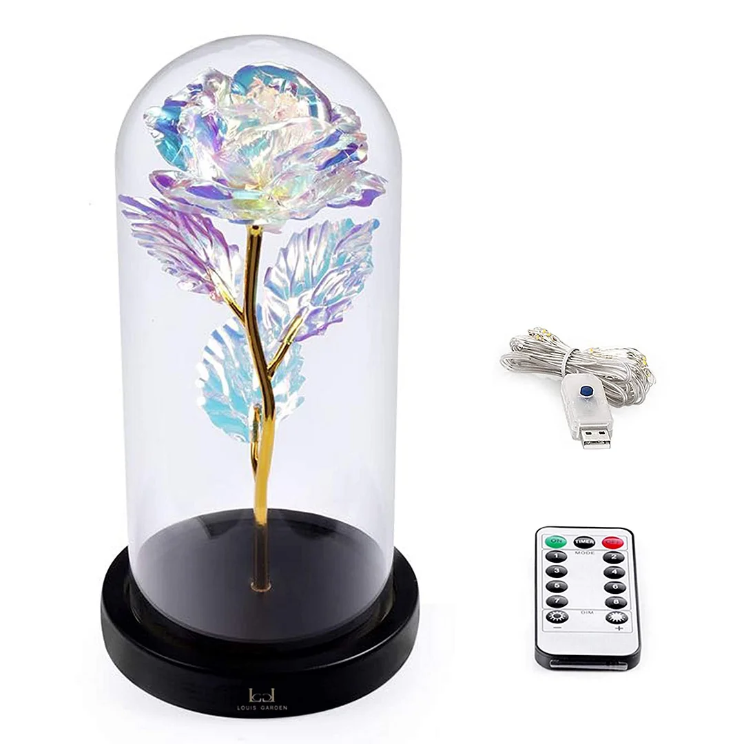 Garden Beauty and The Beast Rose Kit, Colorful Gold Foil Rose and Led Light in Glass Dome on Black Wooden Base for Home Decor