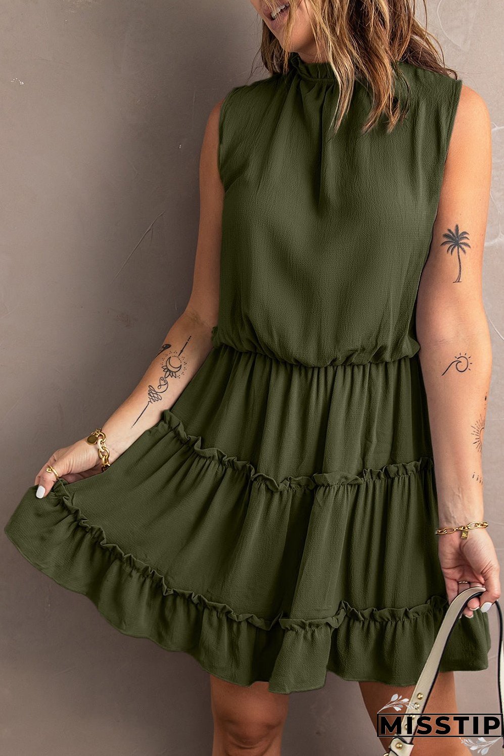 Tie Neck Frill Trim Sleeveless Mini Dress