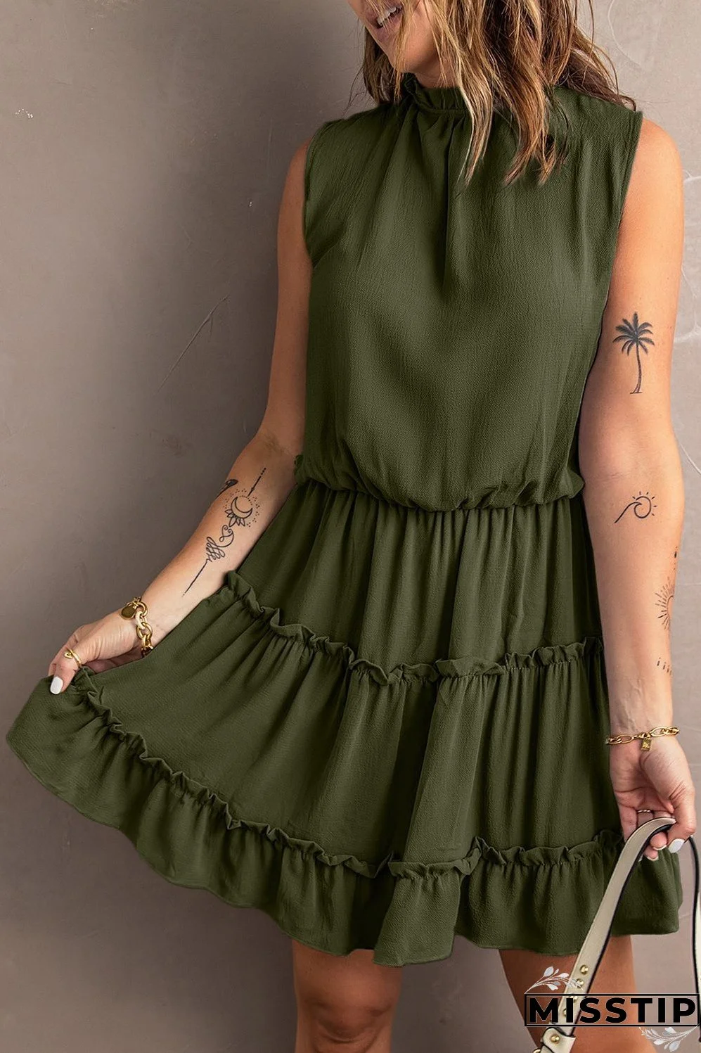 Tie Neck Frill Trim Sleeveless Mini Dress