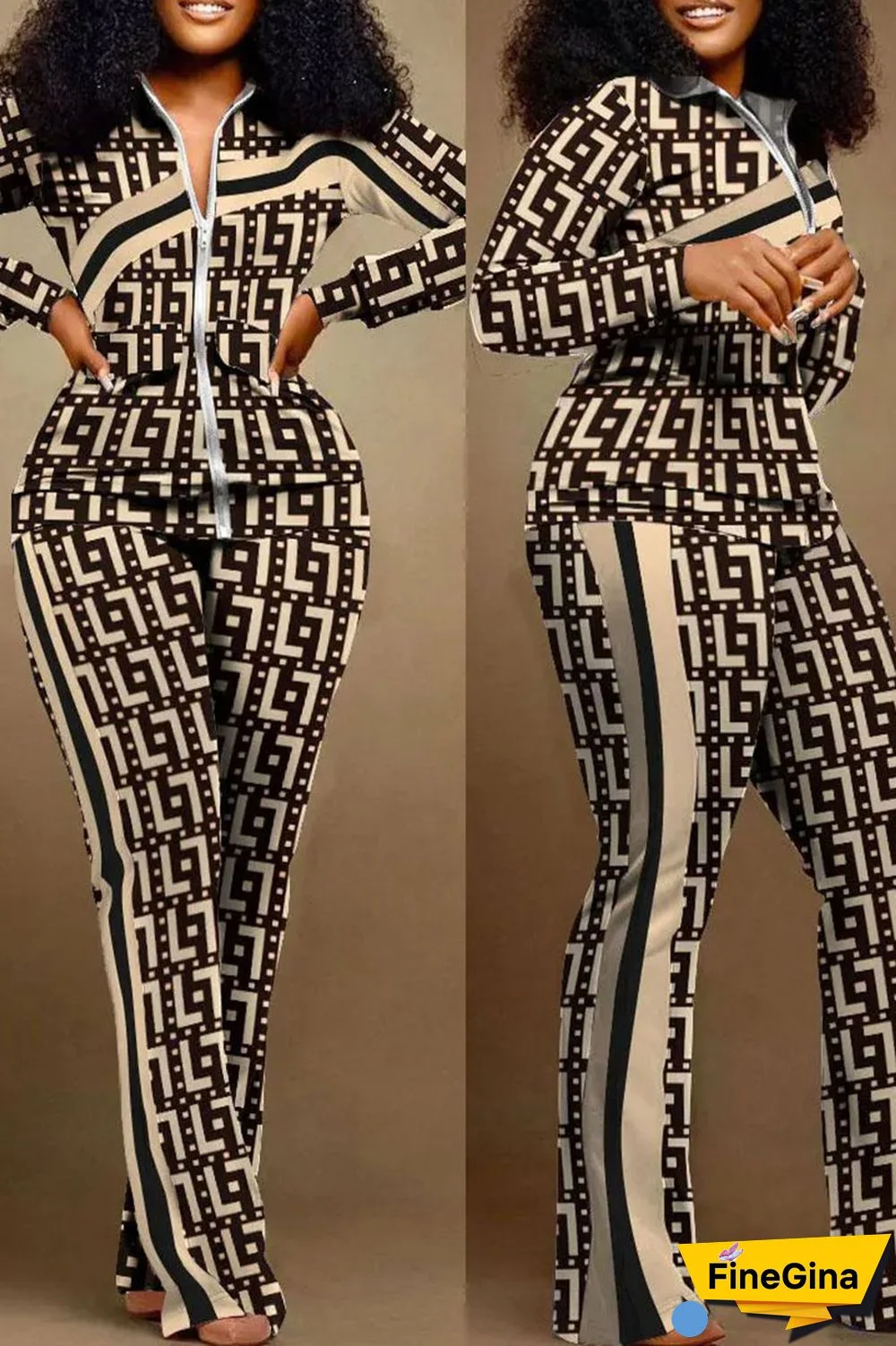 Coffee Casual Street Print Patchwork Zipper Long Sleeve Two Pieces