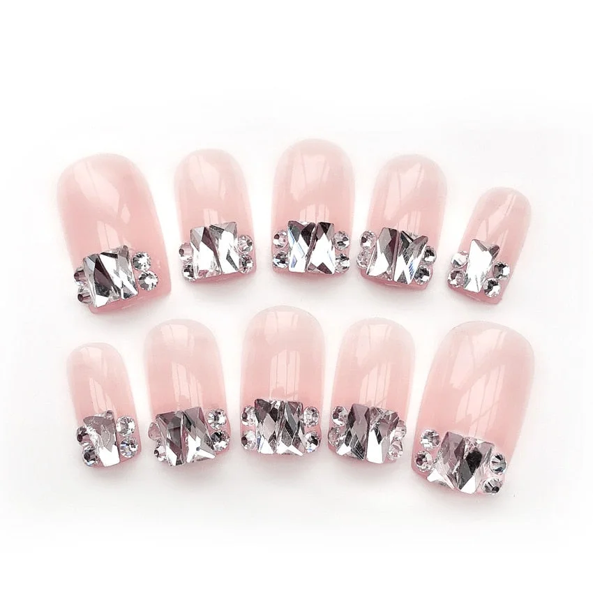 24Pc False Nails Diamond Jewelry for Bride Wedding 3D Shiny Crystal False Nail Art Manicure Rhinestones Decoration Tip with Glue-Nail Inspo