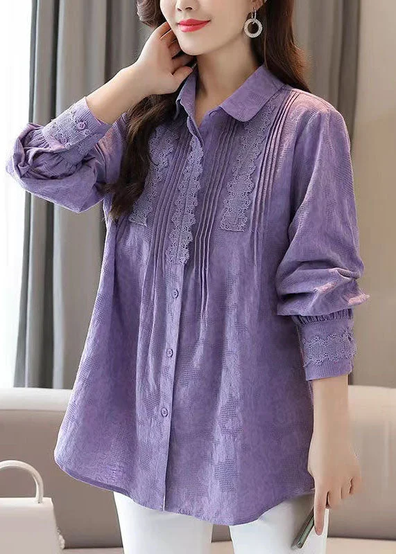 Organic Purple Embroideried Lace Patchwork Cotton Shirts Tops Spring