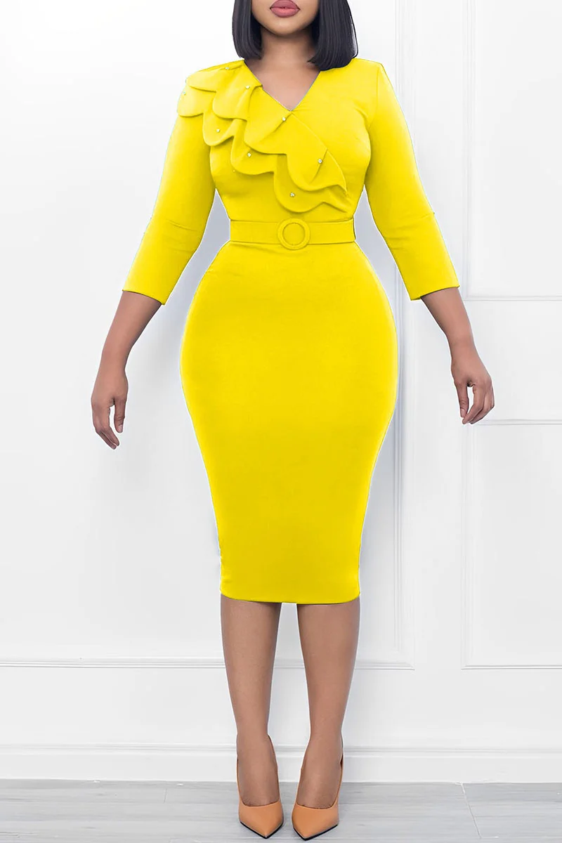 Yellow Casual Solid Patchwork Flounce O Neck One Step Skirt Dresses | EGEMISS