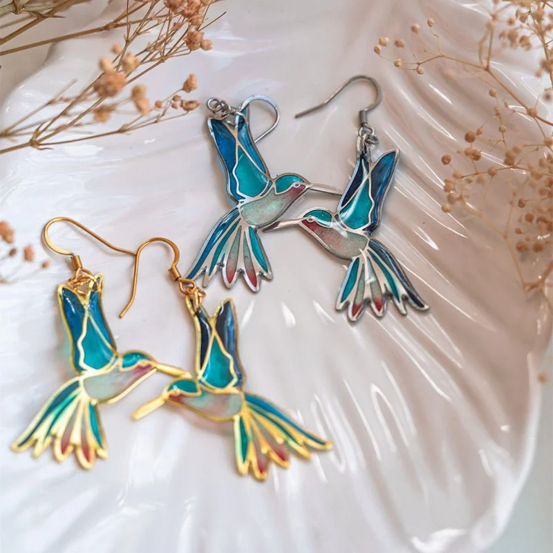  Retro design oil drip enamel colorful hummingbird earrings