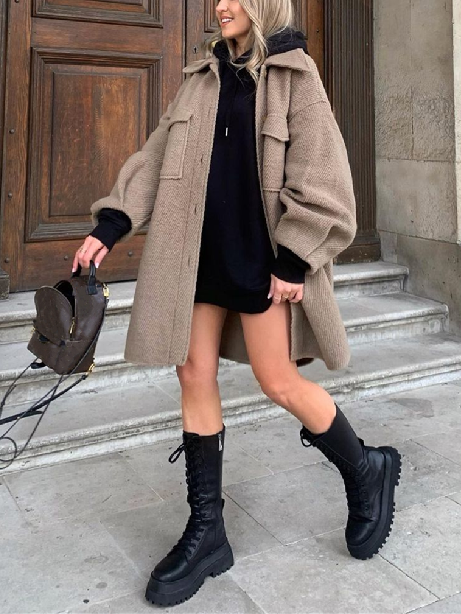 Dropped Shoulder Lantern Sleeve Pocket Coat Plus Size