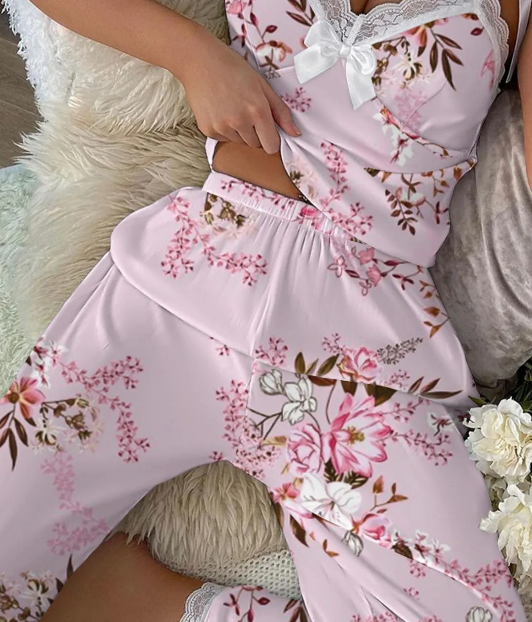 Brownm Summer New Sexy Sling Lace Pyjamas Women Summer Printing Leisure Can Wear Home Clothes Trousers Set