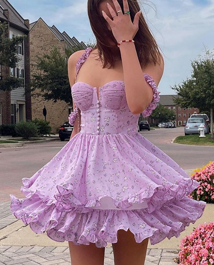 lanfubeisi Forefair Floral Print Corset Spaghetti Strap Dresses Women Sexy Backless Spring Summer Ruffle Casual Vintage Mini Dress  Summer Fairy Dress 2022 LANFUBEISI