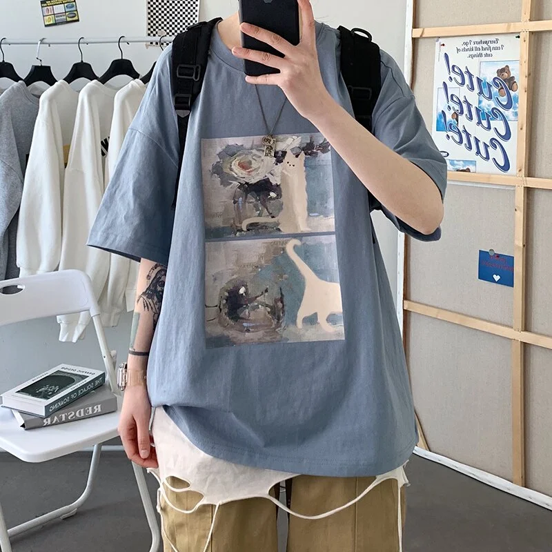 Aonga T Shirt Oversize Cotton Men Fashion Mens Summer Oil Painting Printing Tee Shirts 5XL Casual T-Shirts for Man Streetwear Big Size