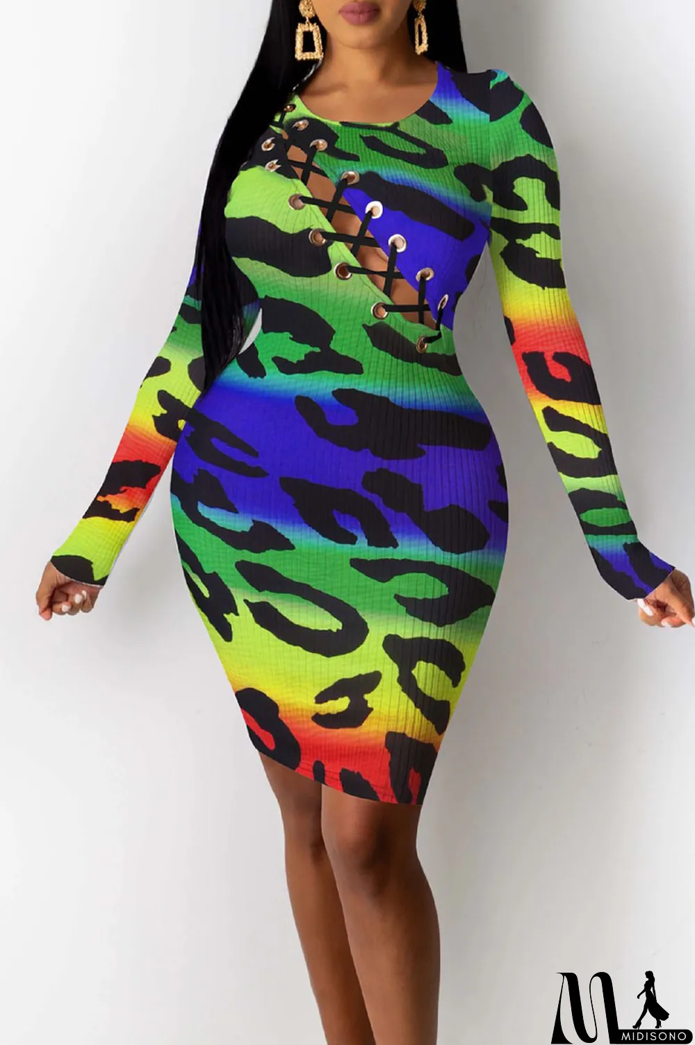 MidiSono - Multi-color Sexy Print Hollowed Out Split Joint Frenulum O Neck Pencil Skirt Dresses