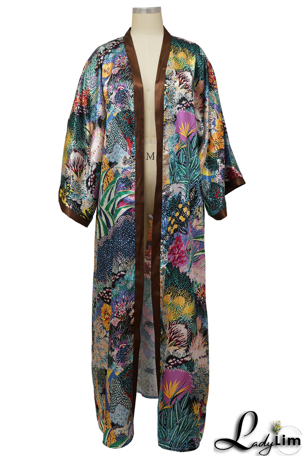 Black Fashion Print Patchwork Cardigan Collar Outerwear(Without belt)