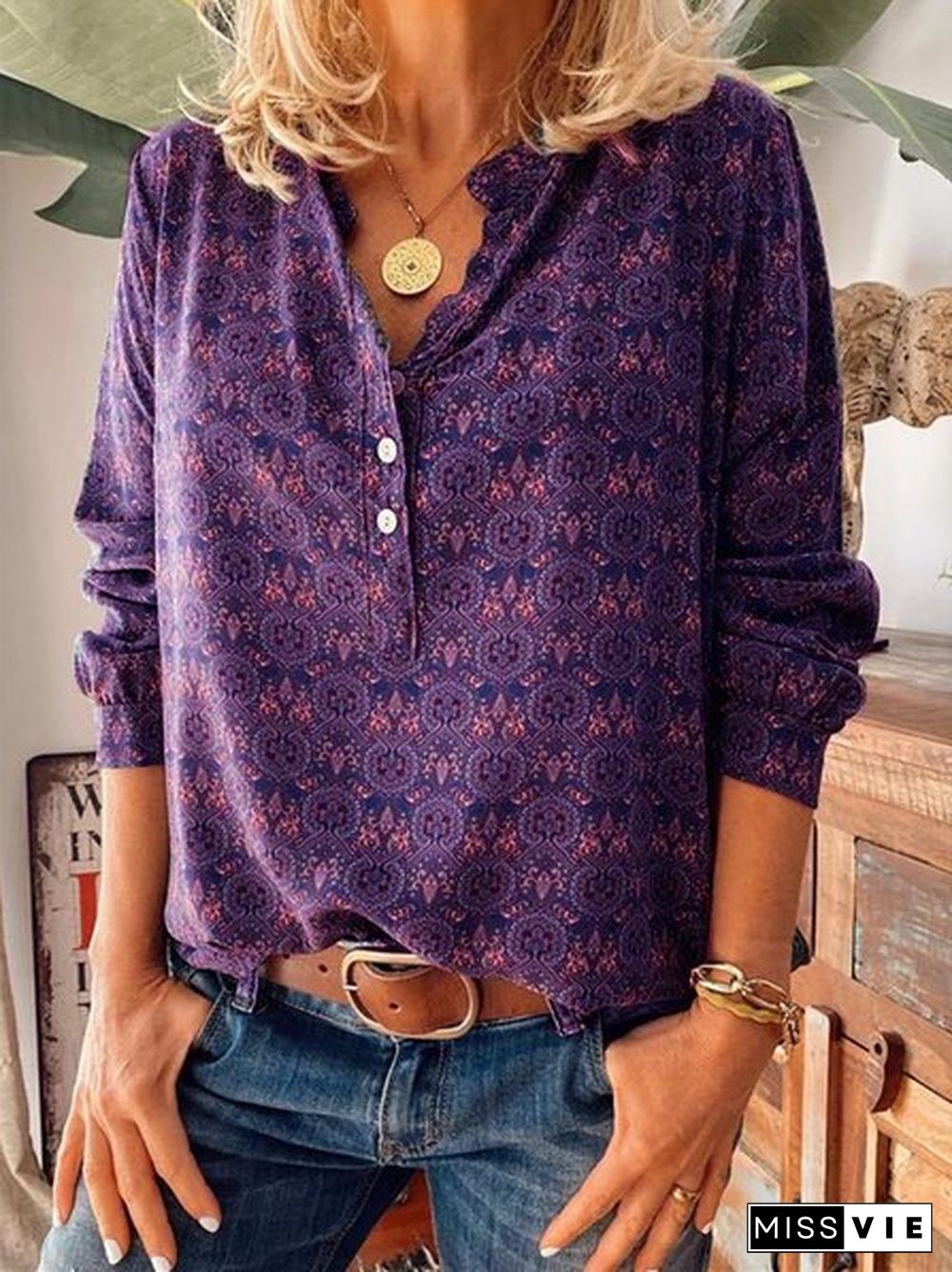 Women Vintage Floral Printed Blouse