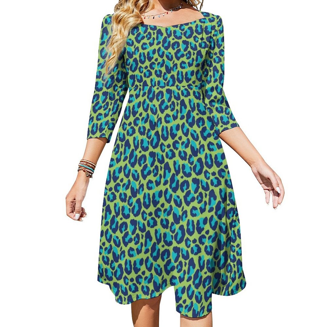 Wild Safari Green And Teal Leopard Print Dress Sweetheart Tie Back Flared 3/4 Sleeve Midi Dresses