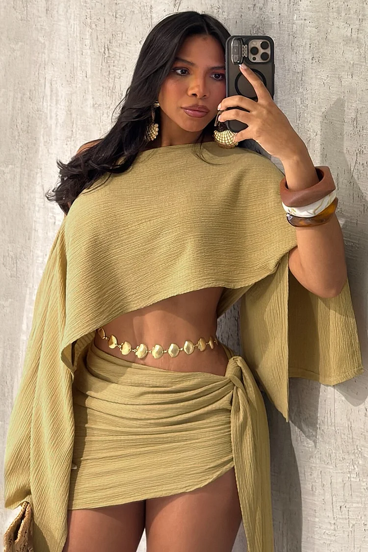 Solid Color Off Shoulder Slit Long Sleeve Crop Top Ruched Mini Skirt Set-Brown