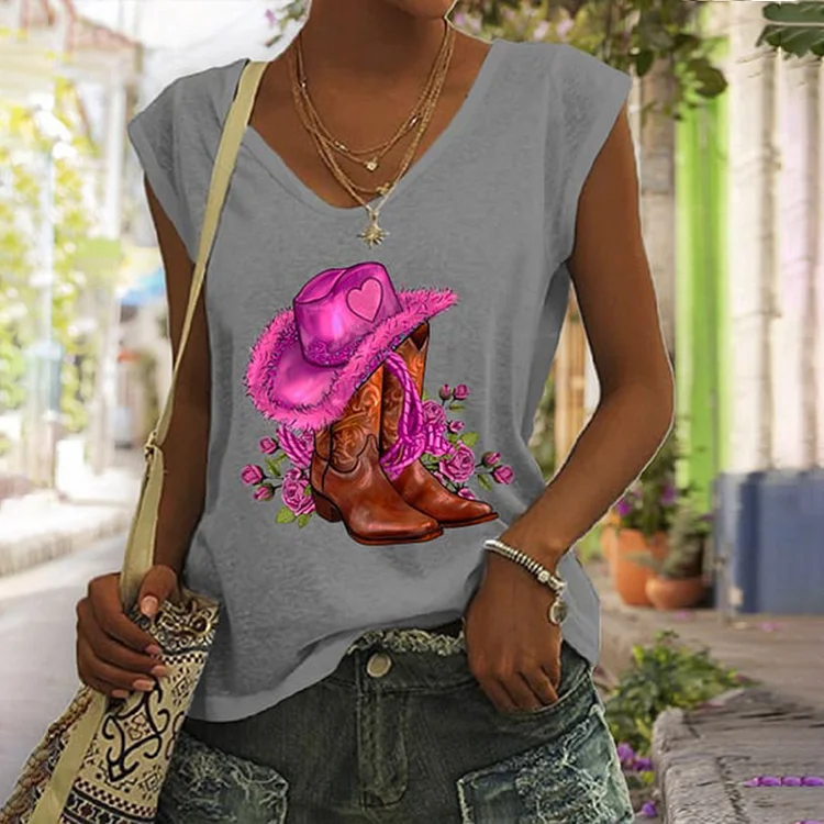 Western Print V-Neck Casual Tank Top