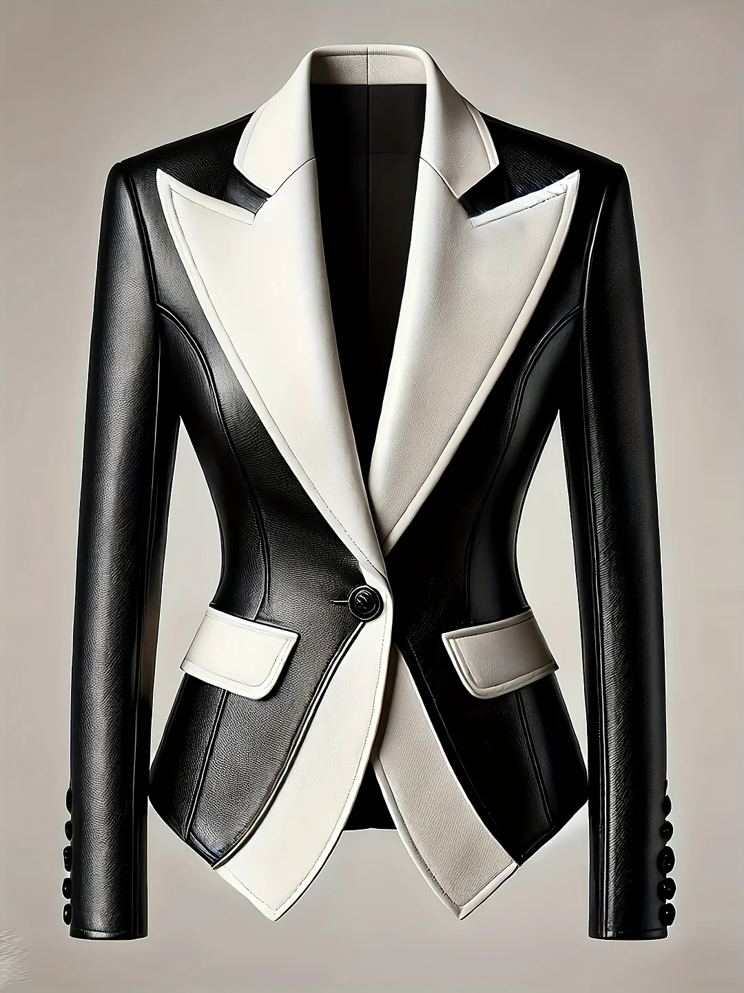 Women's Suit Jacket With Contrast Collar - Black & White Two-Tone X-Shape Silhouette, Machine Washable Long Sleeve Button Front For Autumn/Winter, Casual To Professional Wear, Winter Outerwear, Sleek Design, Tailored Look, Stylish Outerwear | IFYHOME