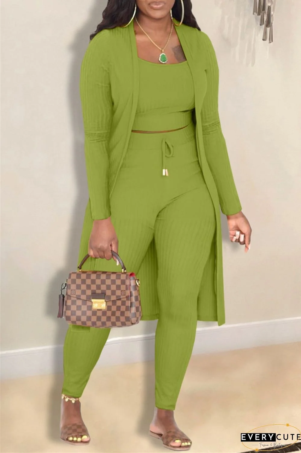 Casual Solid Cardigan Vests Pants Long Sleeve Three Piece Set