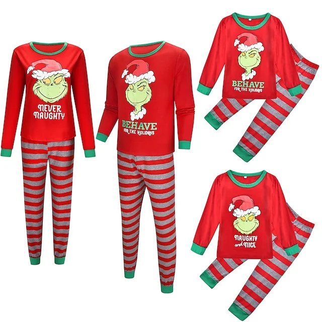 Christmas Matching Pajamas Grinch Print Daily Red Long Sleeve Set