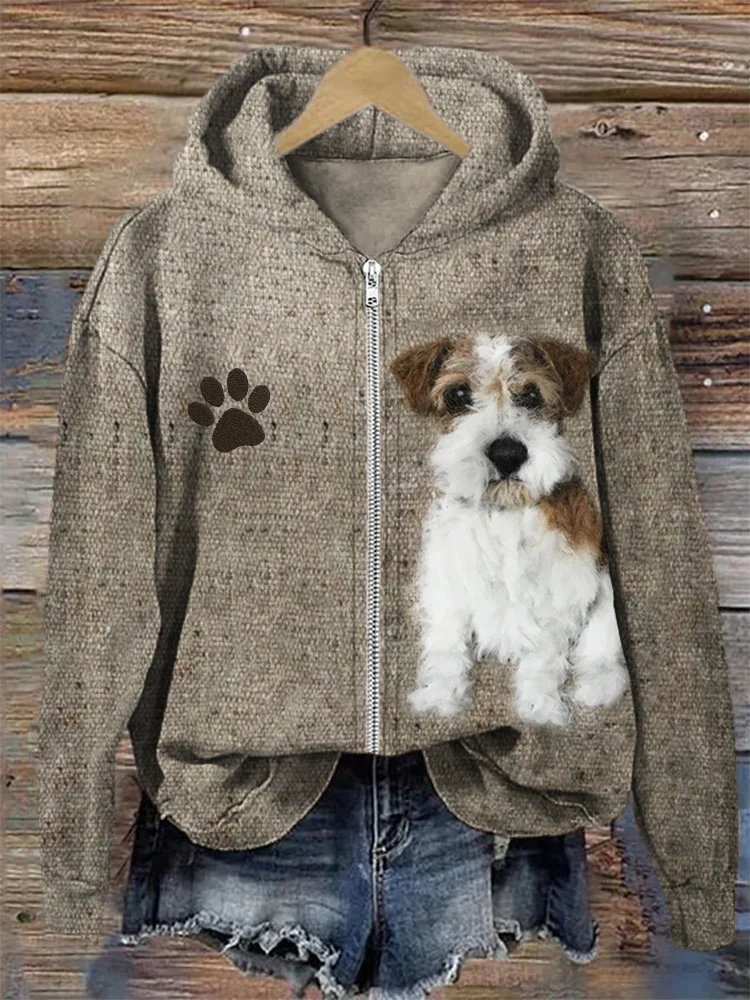 Comstylish Fuzzy Dog Plush Paw Print Full Zip Hoodie