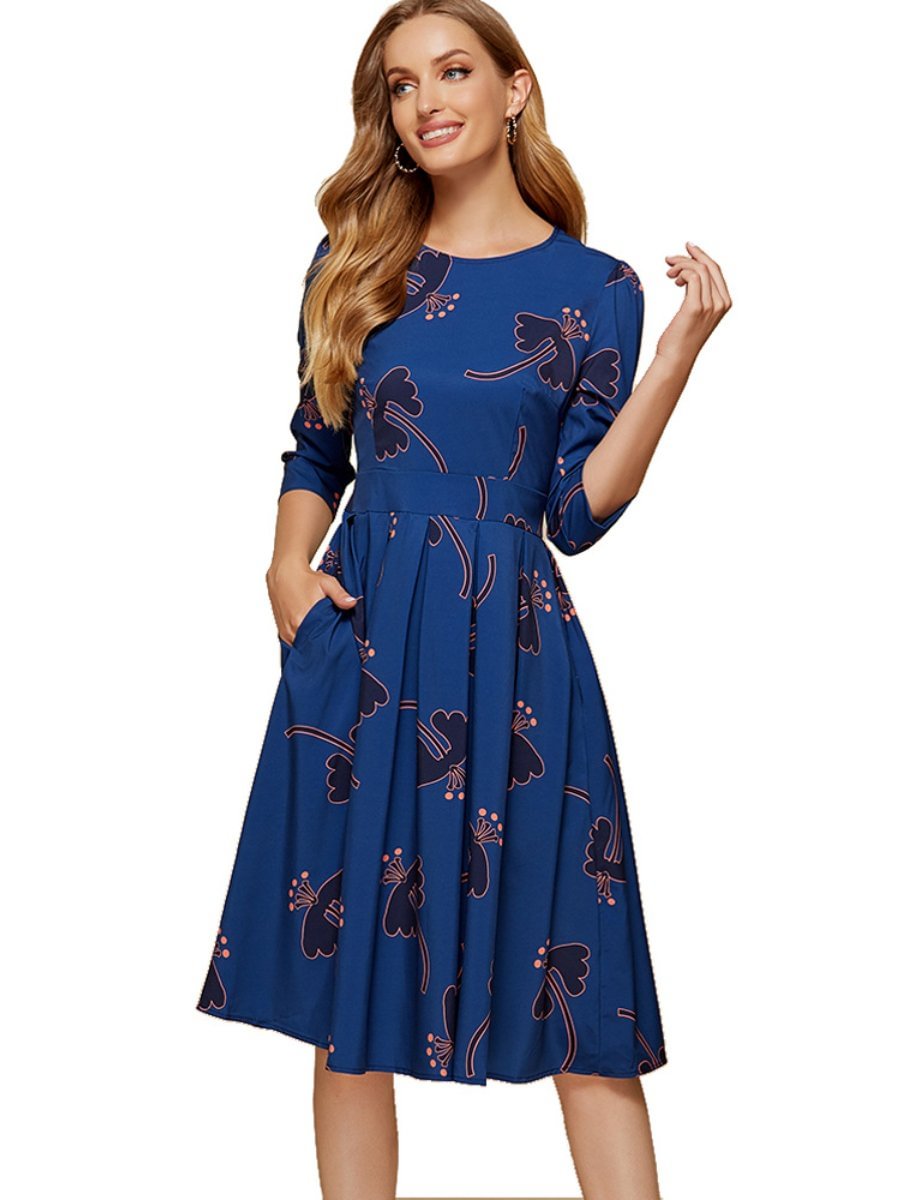 Women's Dress Round Neck Floral Printed Pleated Midi Party Dress
