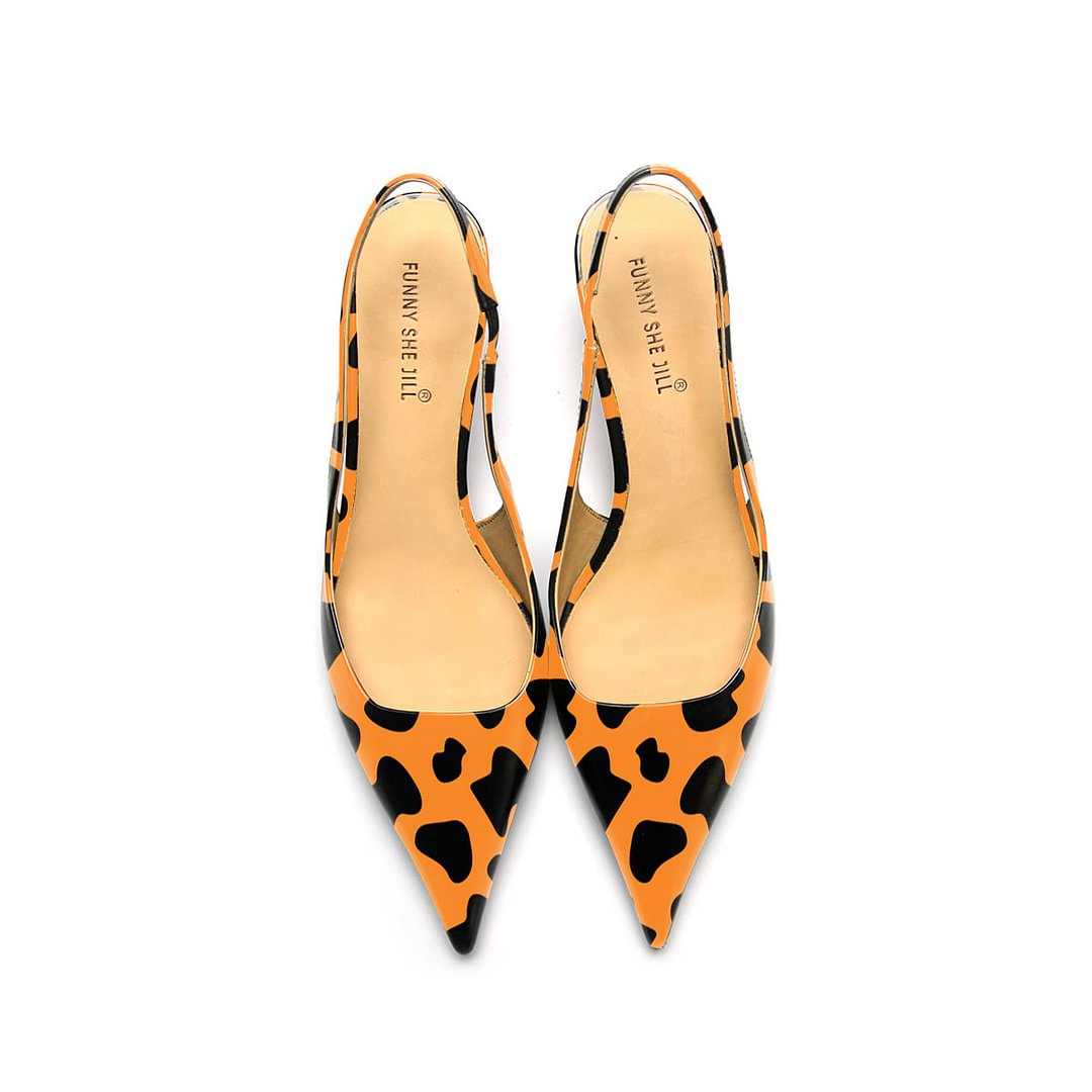 Orange Leopard Print Patent Leather Pointed Toe Elegant Kitten Heel Slingback Dress Pump Shoes Nicepairs