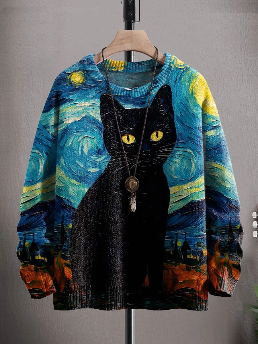 Unisex Art Black Cat Halloween Print Casual Knit Sweater