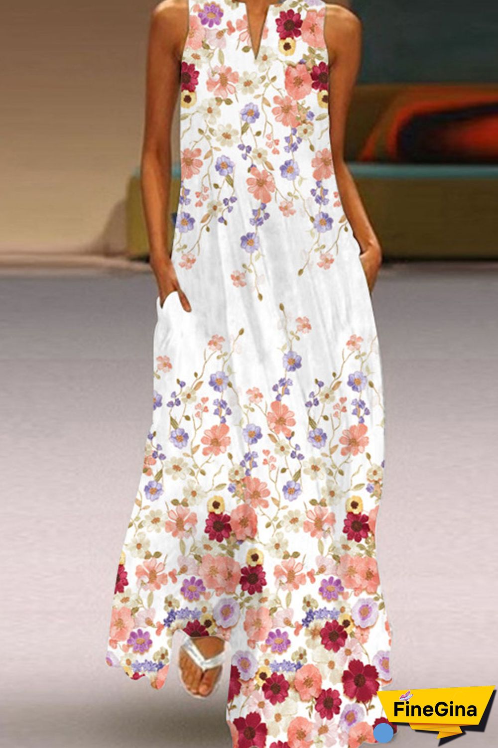 Yellow And Blue Casual Elegant Print Patchwork V Neck A Line Dresses