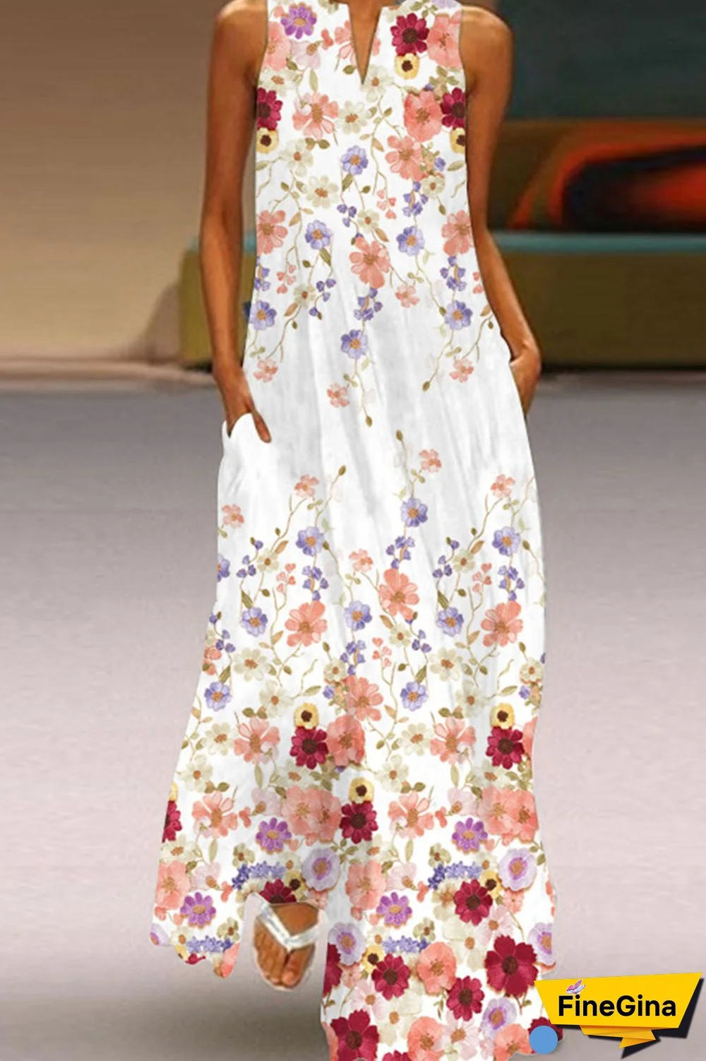 Yellow And Blue Casual Elegant Print Patchwork V Neck A Line Dresses