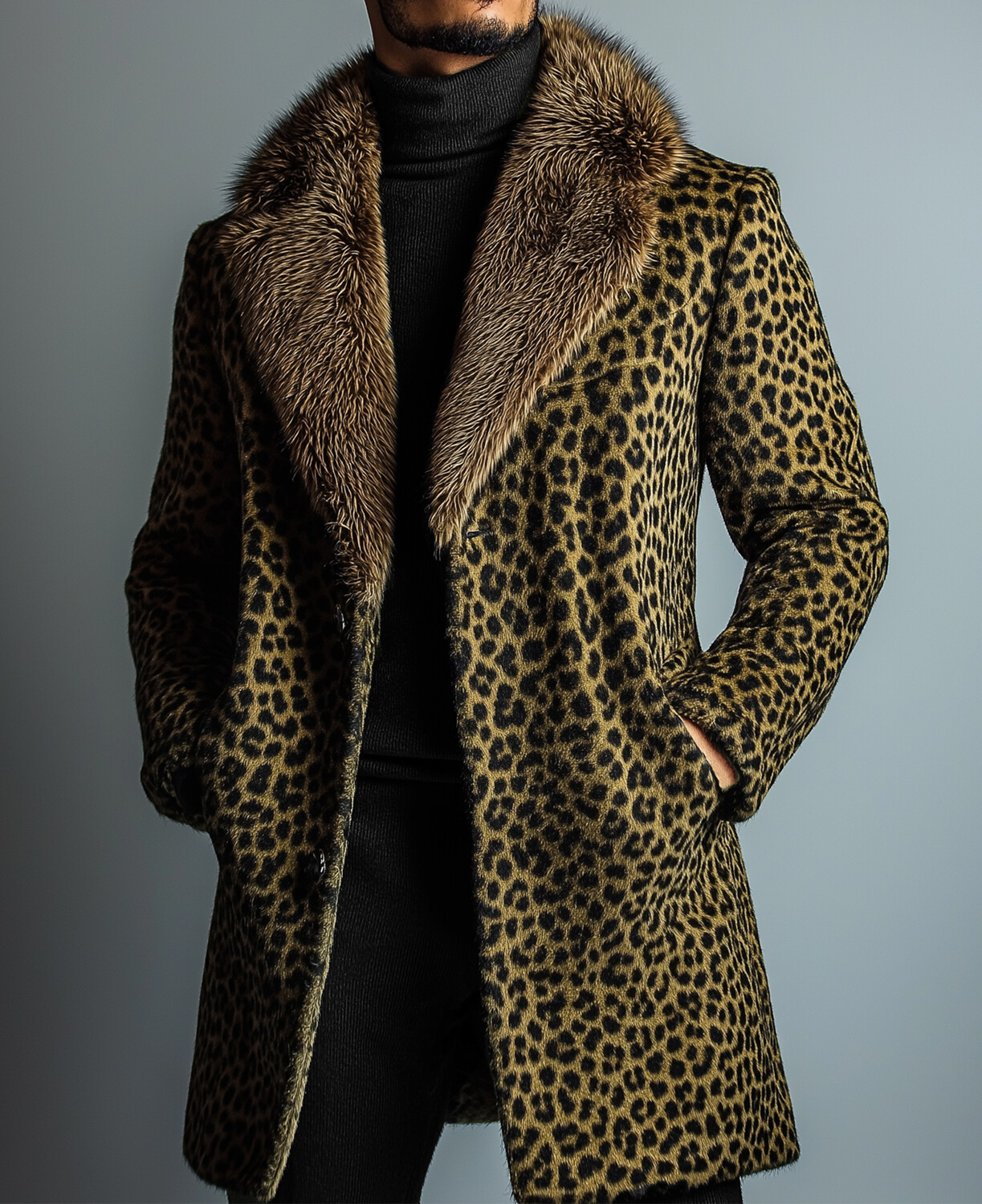 Okaywear Plush Lapel Collar Button Pocket Leopard Pattern Overcoat