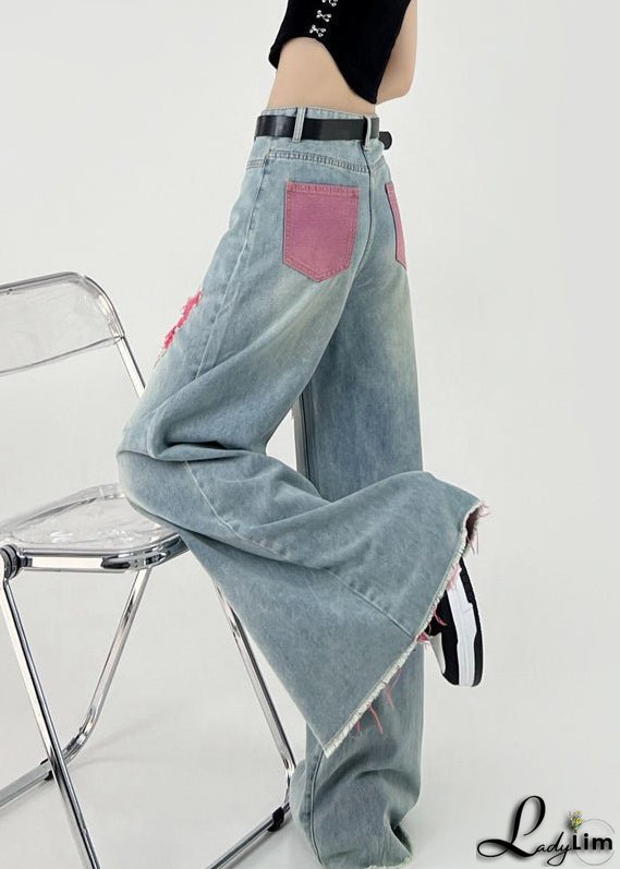 Boutique Pink Patchwork Ripped Denim Wide Leg Pants Fall