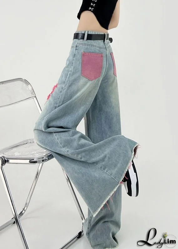 Boutique Pink Patchwork Ripped Denim Wide Leg Pants Fall