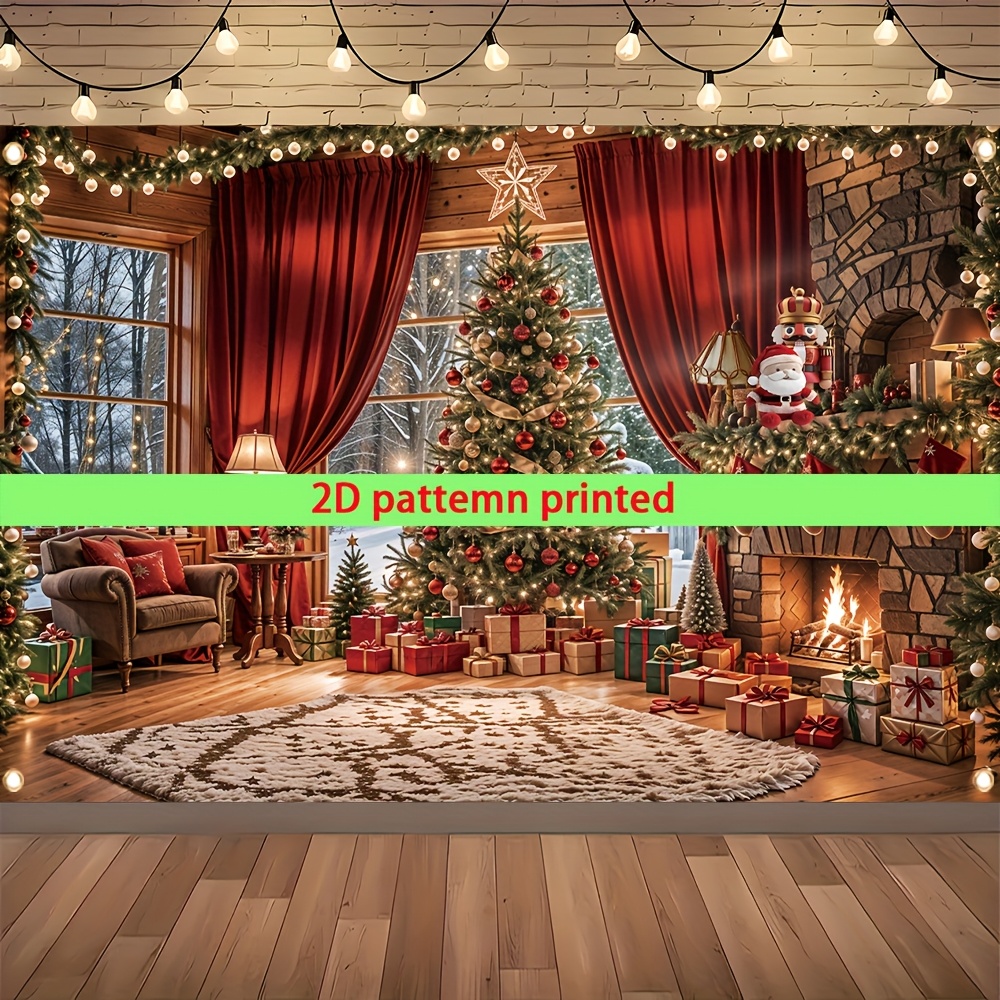 Tegooe Cozy Christmas Fireplace Tree Backdrop Festive Photo Booth Background Banner with Hanging Holes Multi-Size Options