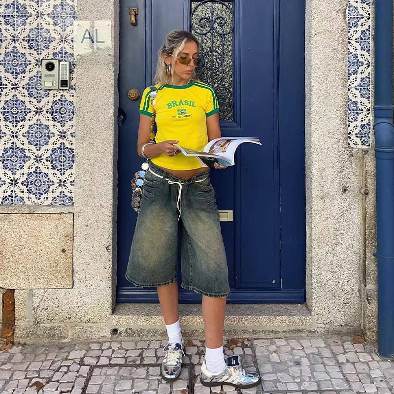 OLCooL American Retro Y2K Millennium Football Sports Short Short-sleeved T-shirt Women's Summer Spice Girls Slim-fit Shoulder Cropped Top Trendy olcool