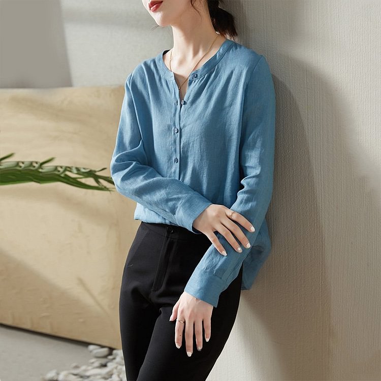 Simple Long Sleeve Cotton-Blend Shirts & Tops