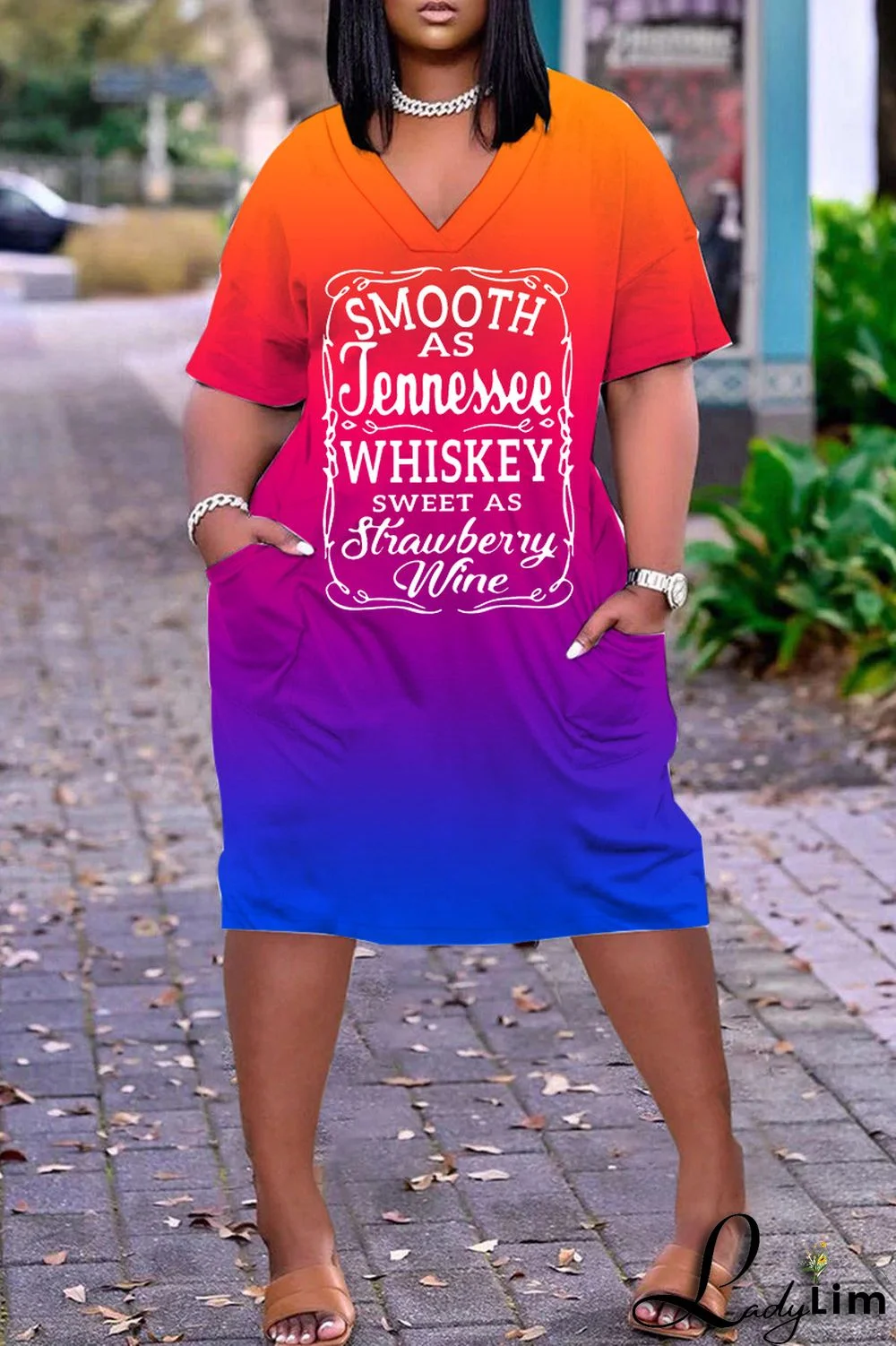 Sky Blue Casual Print Basic V Neck Short Sleeve Dress