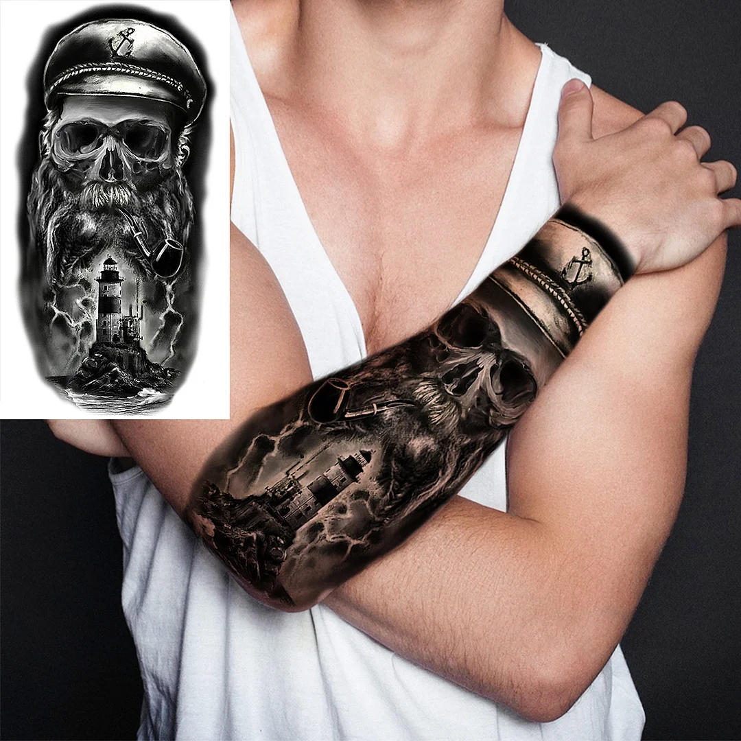 Sdrawing Realistic Black Devil Temporary Tattoos For Men Adult Tiger Pirate Skeleton Vampire Fake Tattoo Forearm Scary Tatoo Joker