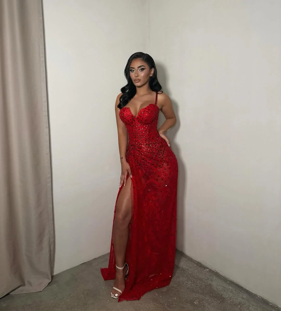 Romantic Red Rhinestone Spaghetti-Straps Split Prom Dress YK0227