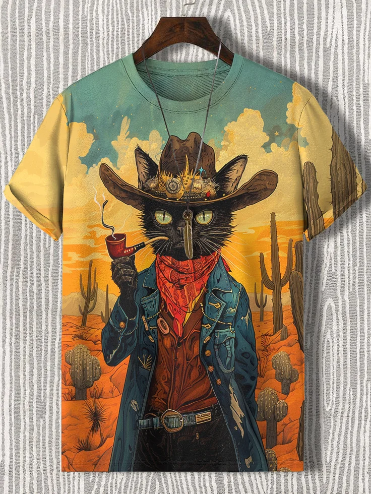 Men's Cowboy Cat In The Desert Art Print T-Shirt