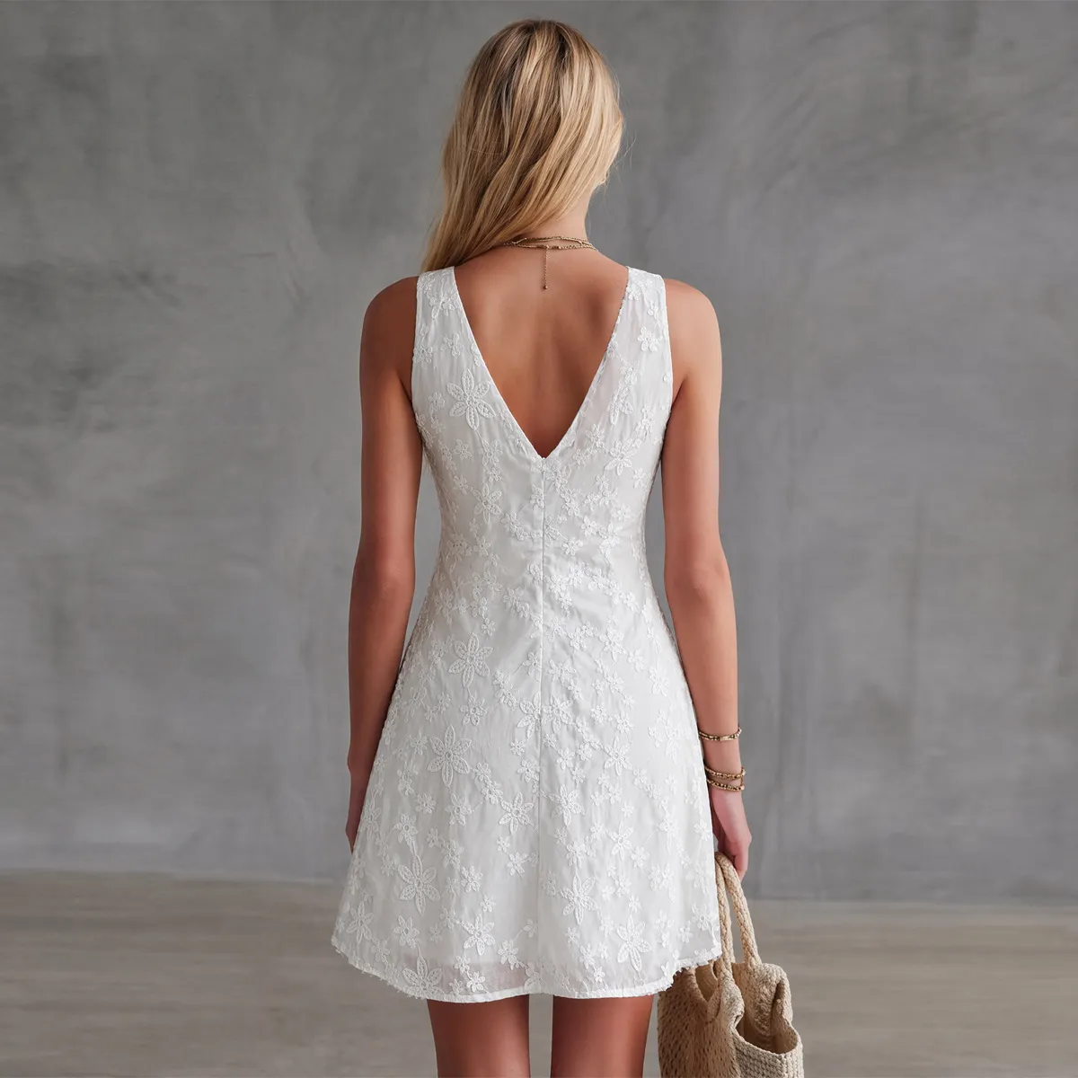 Floral Lace V Neck Sleeveless A-Line Mini Vacation Dress