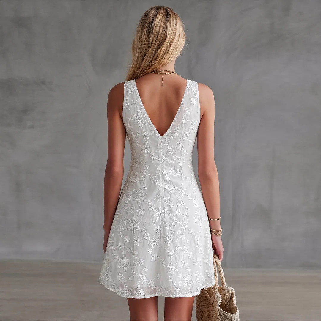 Floral Lace V Neck Sleeveless A-Line Mini Vacation Dress
