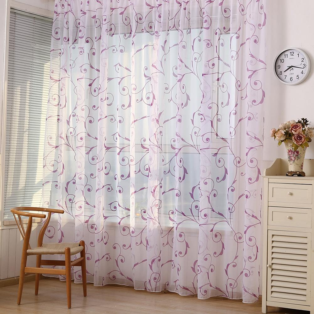 

Transparent Voile Floral Print Curtains Bedroom Window Door Curtain (Purple, 紫色, 501 Original