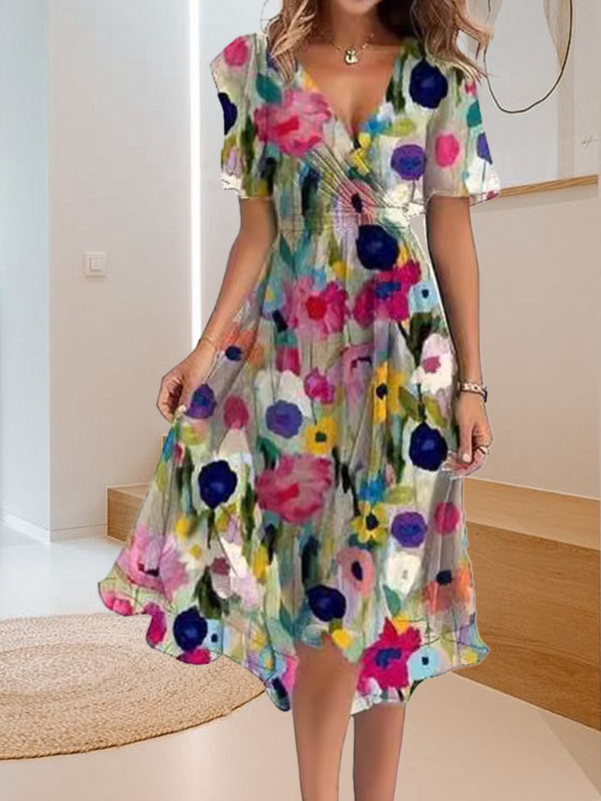 Vestido casual estampado simples com decote em V