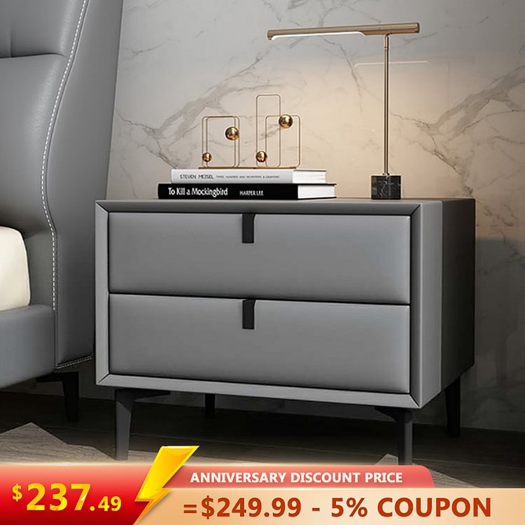 Homemys Modern 2 Drawers PU Leather Bedside Table Nightstand with Black Metal Legs