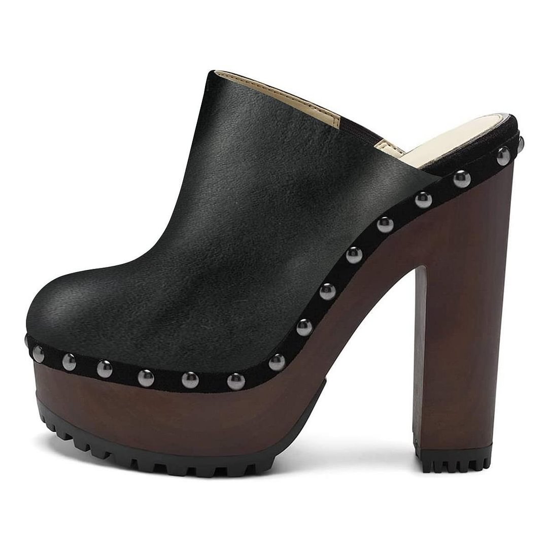 Women's Black Platform Clog Shoes Block High Heel Mules with Studs Nicepairs