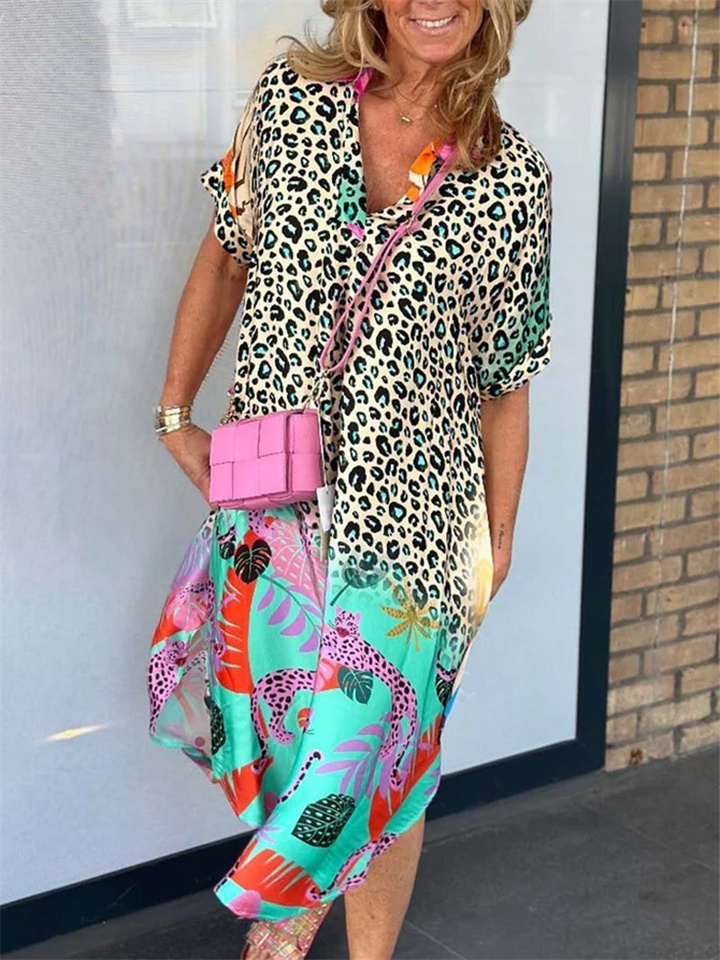 Summer New Fashion Women's Half Open Collar Printed Loose Dresses