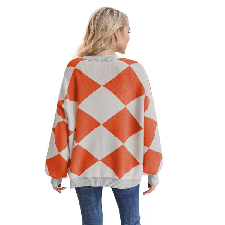 PASUXI Womens Oversized Cardigans Sweater Diamond Checker Long Sleeve V Neck Button Jacket Open Front Casual Knit Coats  Fall Outerwear huanwei