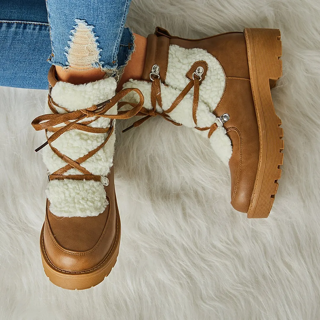 Women Faux Shearling Stiching Lace Up Snow Boots