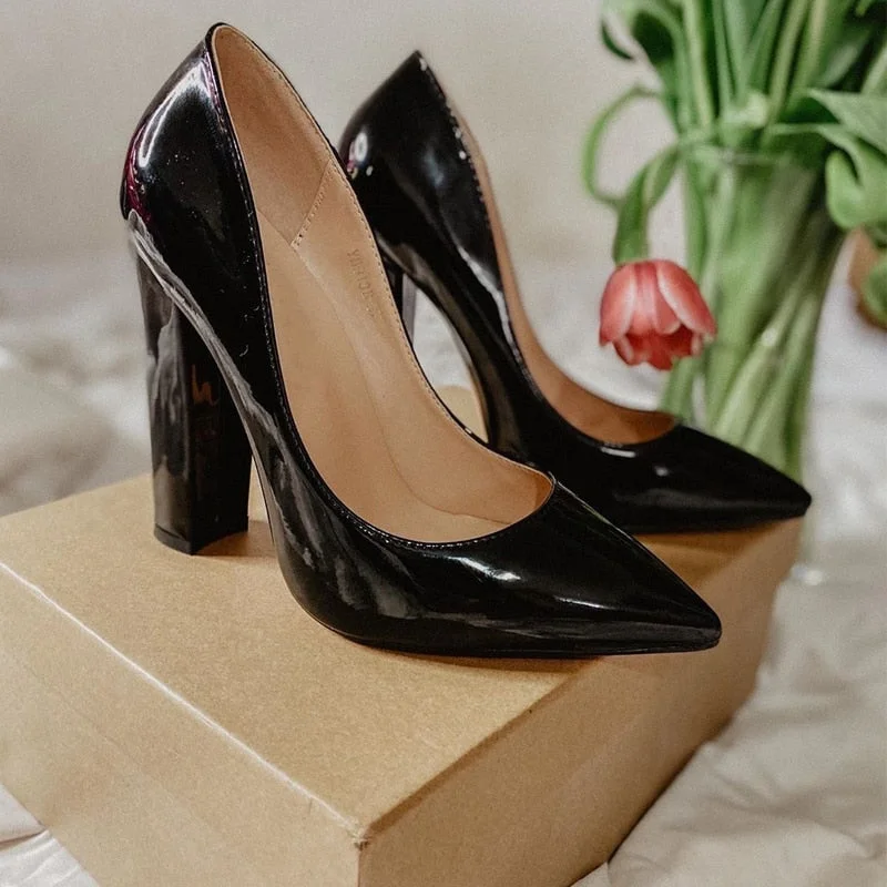 Onlymaker Women's Pumps Pointed Toe Block Classic 12cm High Slip On Thick Heels Wedding Office Dress Big Size Chunky Lady Pumps