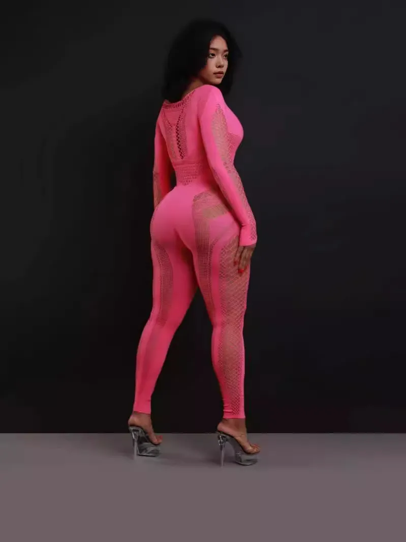Uveng Uveng Female Solid Color Hollow Sex-Repair Knitted Regular Sleeve Jumpsuit