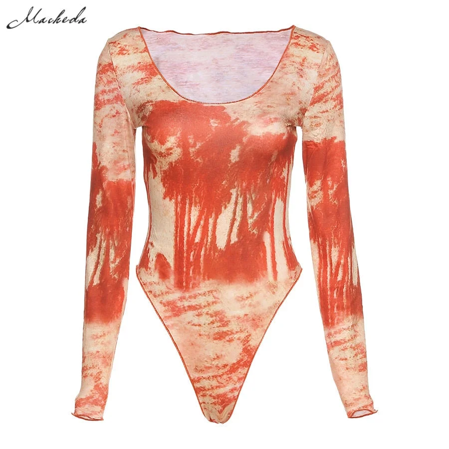 Macheda Autumn Fashion Printing Bodysuit Women Sexy Long Sleebe O Neck Clothing Lady Knitted Slim Body Suits Top 2020 New