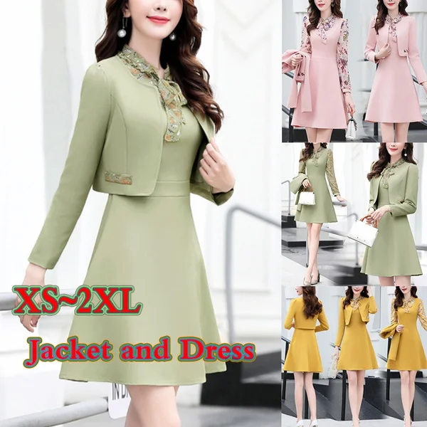 Women Office Wear Long Dress Suits Pink Yellow Green Dresses Suit 2 Pieces Set Outfit Clothes Womens Short Jacket And Dress